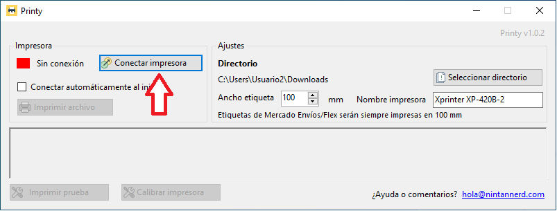 Interfaz de Printy mostrando la opción de conectar la impresora térmica para etiquetas de Mercado Libre.